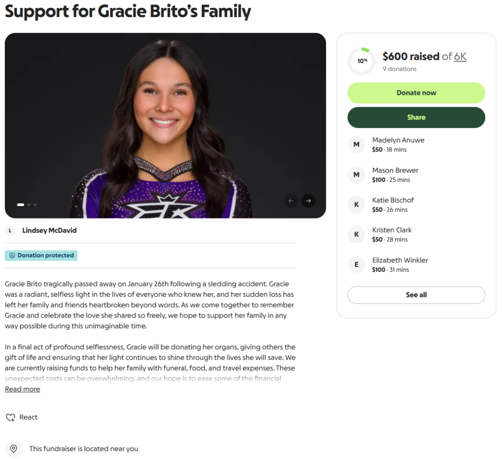 Gofundme fund page Gracie Brito Frisco Texas